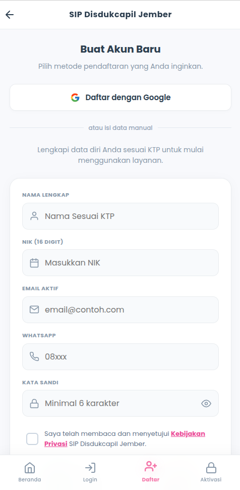 Screenshot Pendaftaran 1
